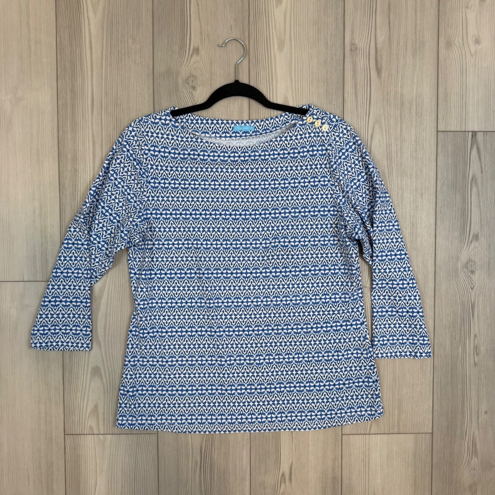 J.McLaughlin Catalina Cloth Blue White Geometric Button Shoulder Top XL